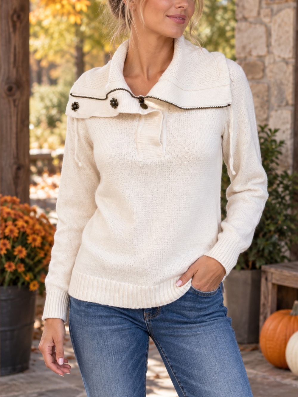 Lauren Ralph Lauren Cream Cotton Convertible Cowl Collar Sweater Small